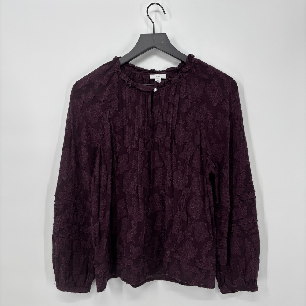 J Jill Womens Plum Floral Textured Long Sleeve Blouse Petite XS Sheer Lace‎ Boho
